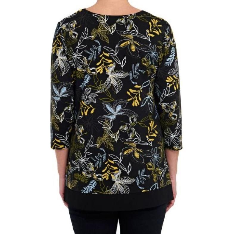 VIZ-A-VIZ Asymmetric Leaf Print Top - Charcoal - Beales department store