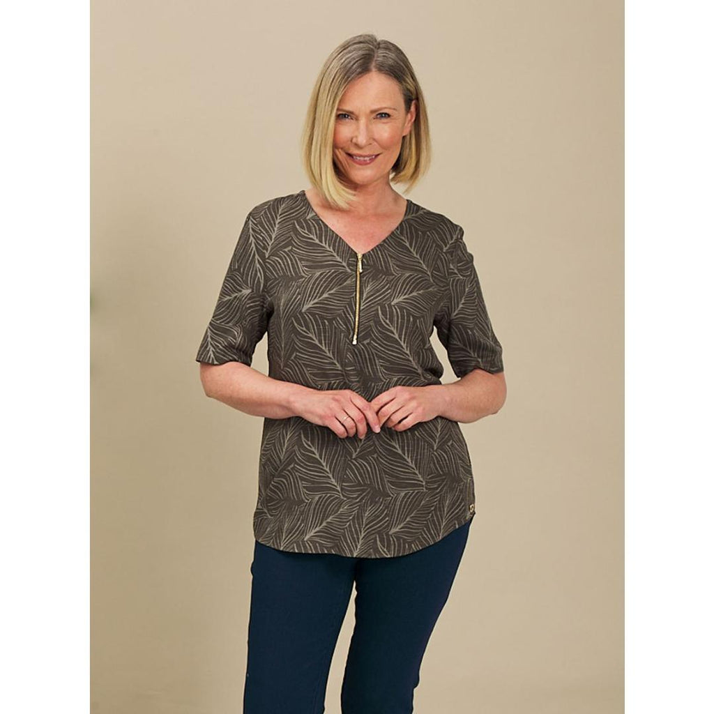 VIZ-A-VIZ Front Zip V-neck Leaf Print Tunic - Beales department store