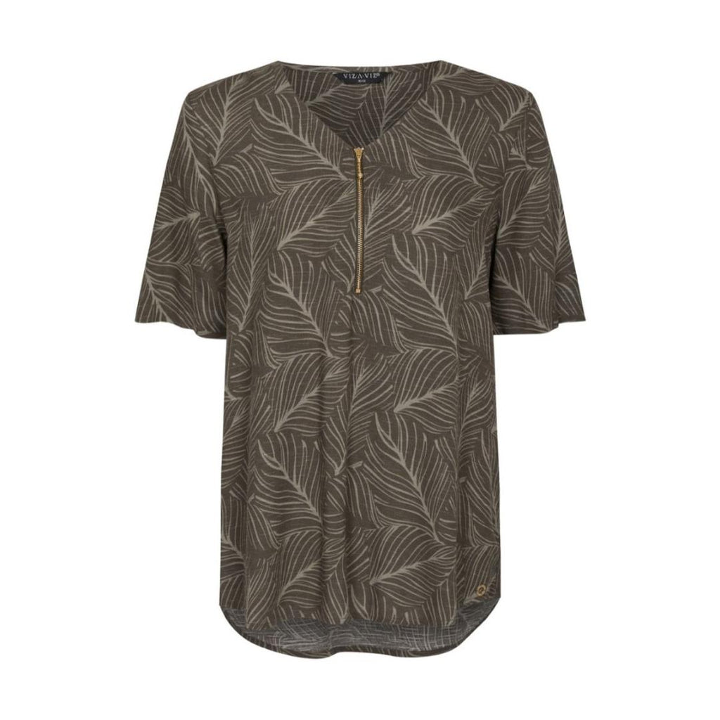 VIZ-A-VIZ Front Zip V-neck Leaf Print Tunic - Beales department store