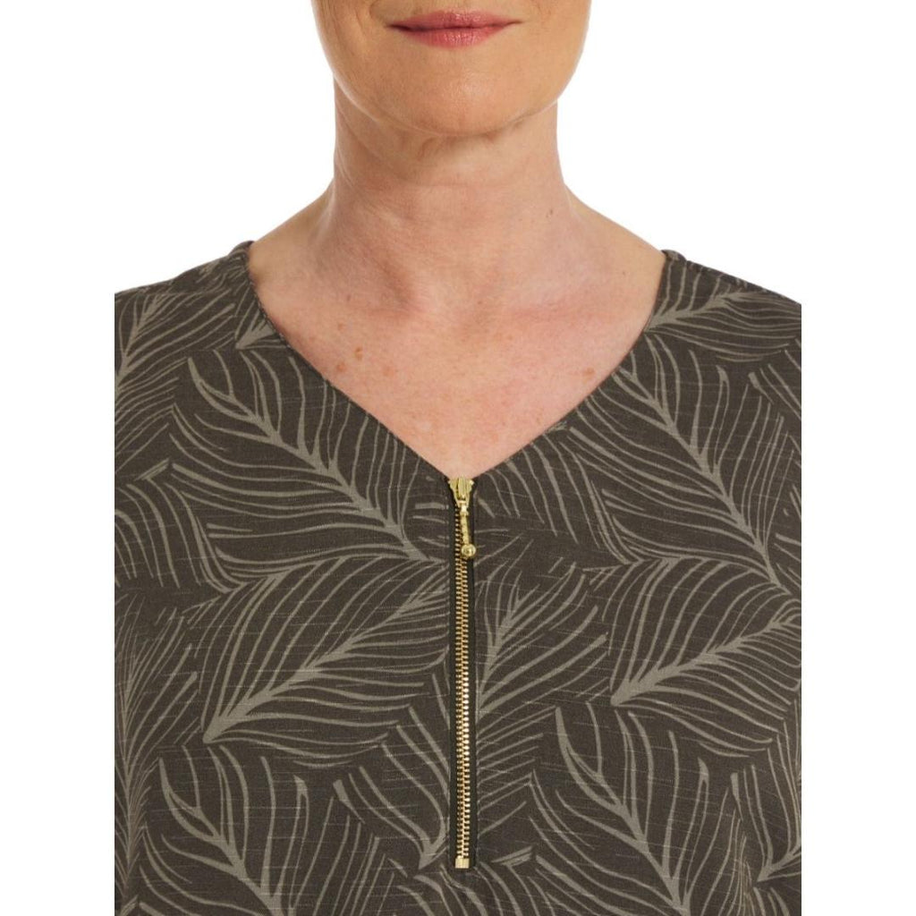 VIZ-A-VIZ Front Zip V-neck Leaf Print Tunic - Beales department store