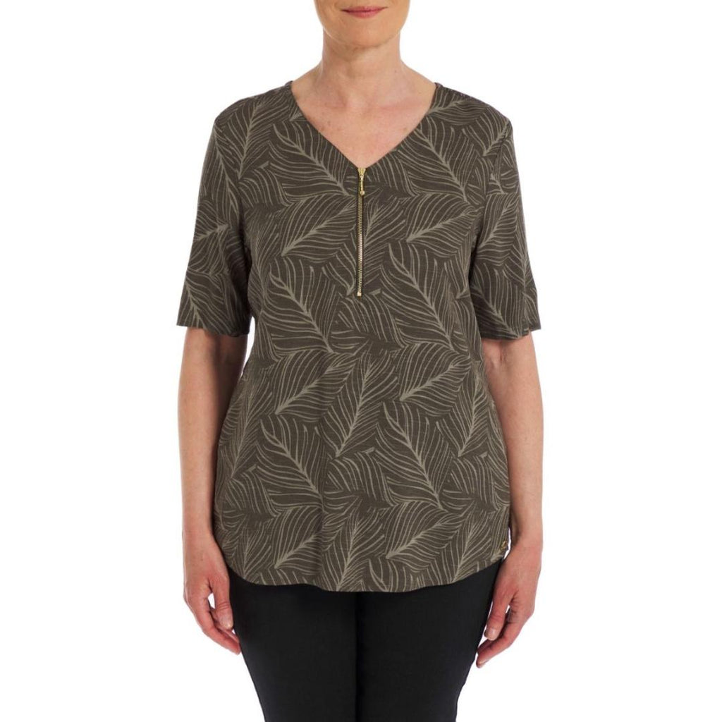 VIZ-A-VIZ Front Zip V-neck Leaf Print Tunic - Beales department store