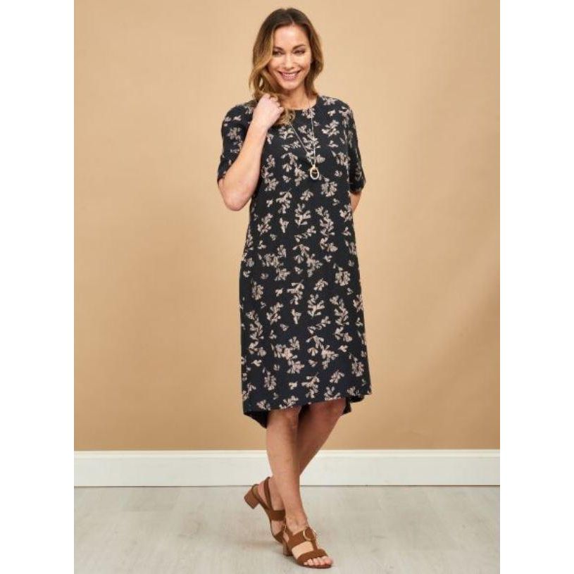 VIZ - A - VIZ Leaf Print Dress - Charcoal - Beales department store