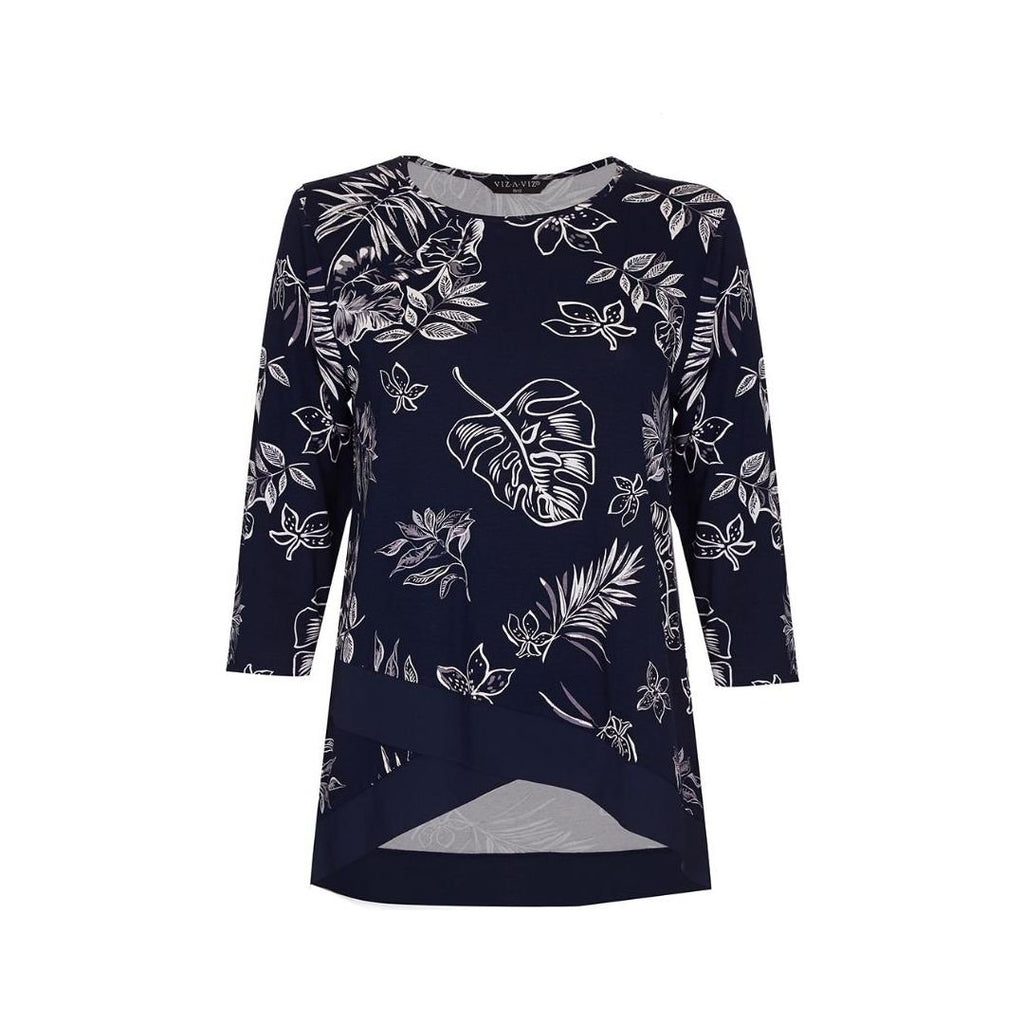 VIZ-A-VIZ Navy Leaf-Print Mock Layer Top - Beales department store