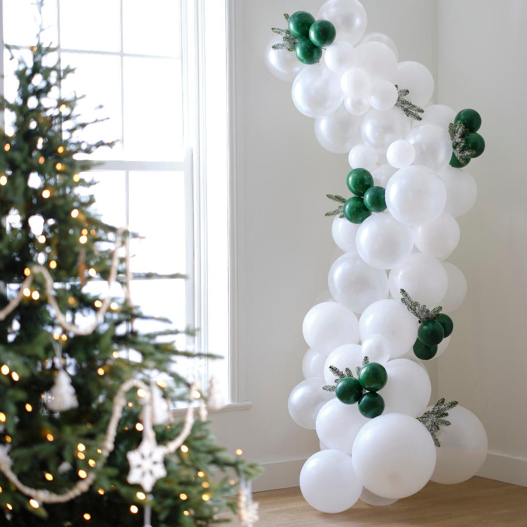 White & Dark Green Snowy Christmas Balloon Arch Kit - Beales department store