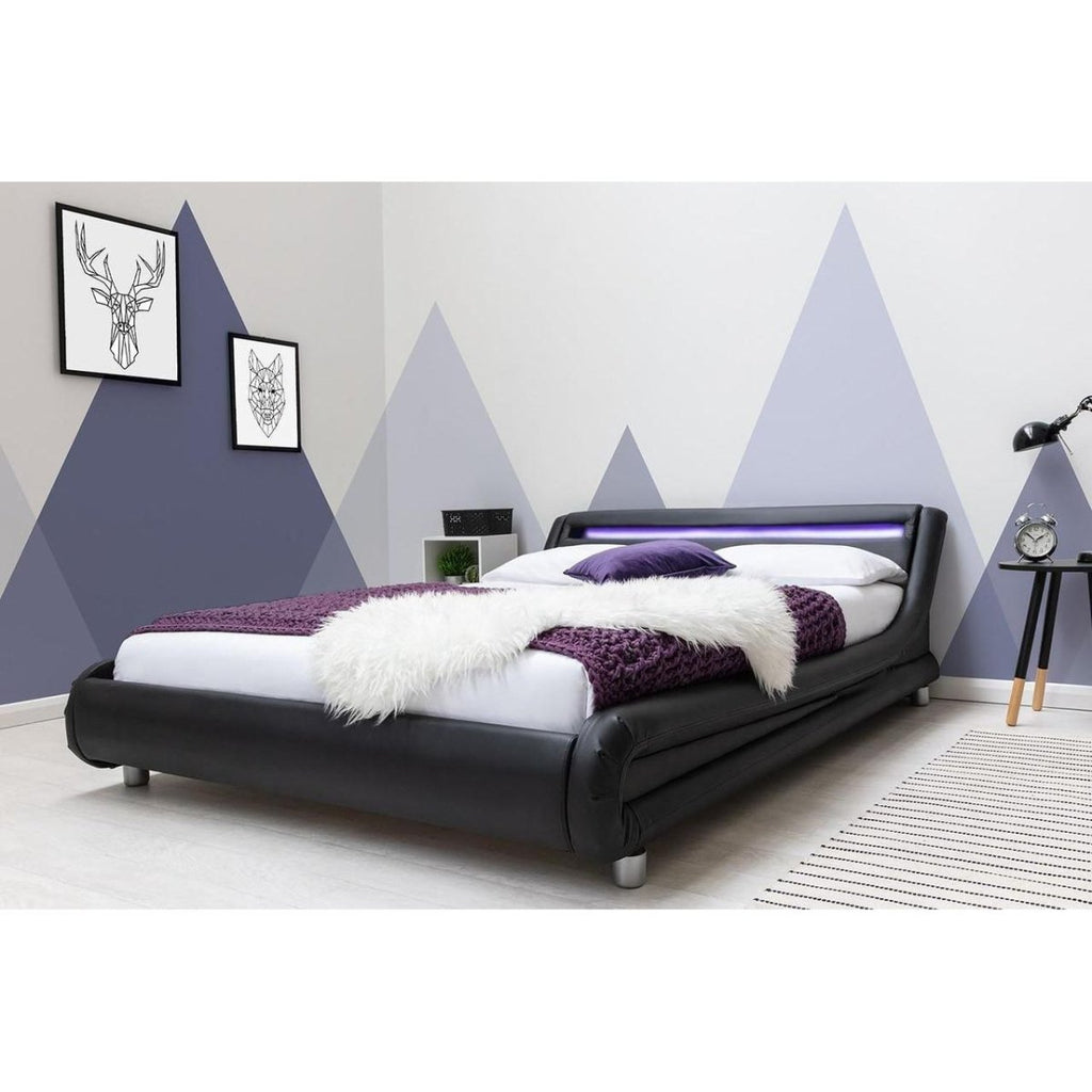 Barcelona LED Fabric Faux Leather Bed - Black - Beales department store