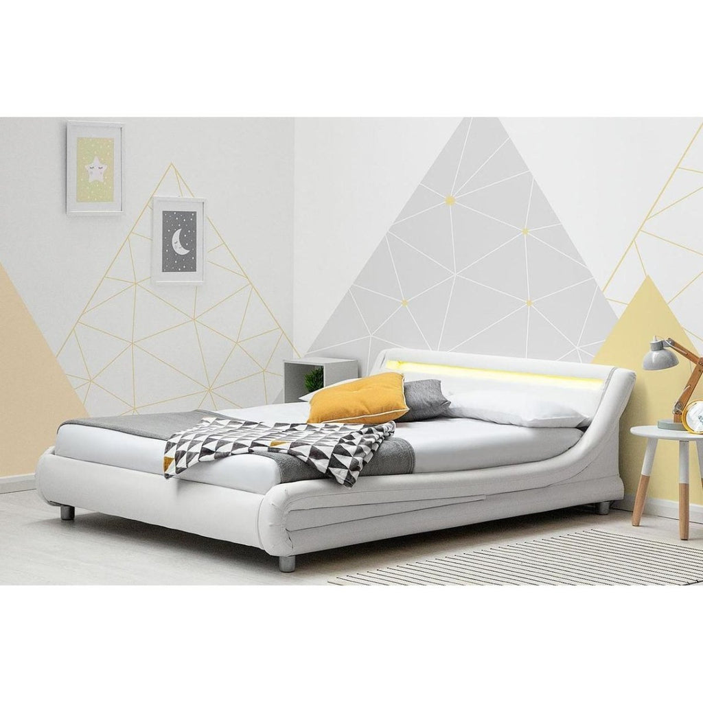 Barcelona LED Fabric Faux Leather Bed - White - Beales department store