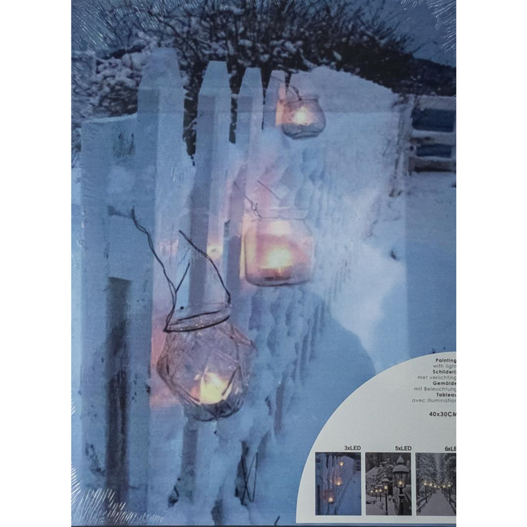 Canvas Print 40x30cm Christmas Scene - Tealights on a Snowy Fence - Beales department store