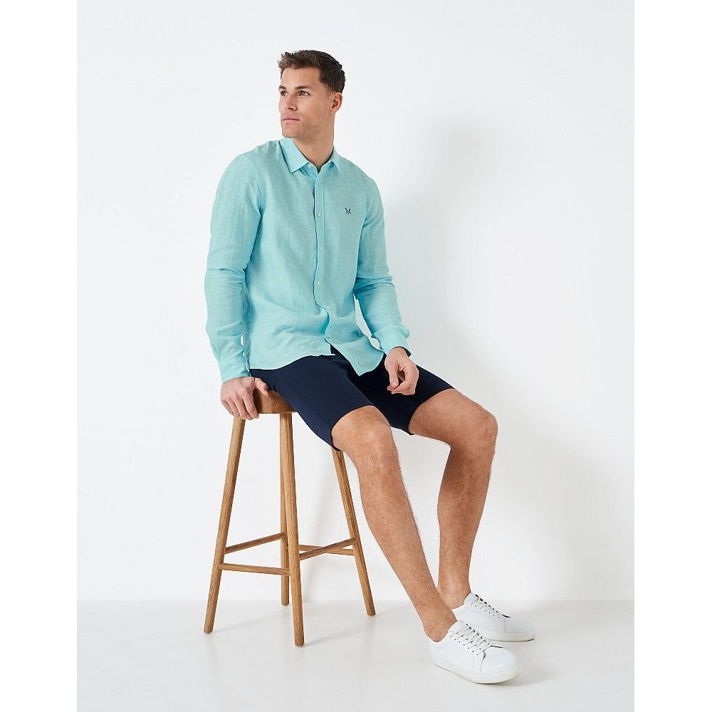 Crew Clothing Long Sleeve Linen Shirt - Aqua White - Beales department store