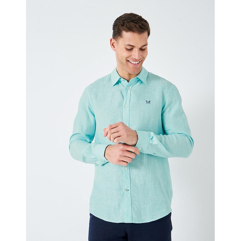 Crew Clothing Long Sleeve Linen Shirt - Aqua White - Beales department store