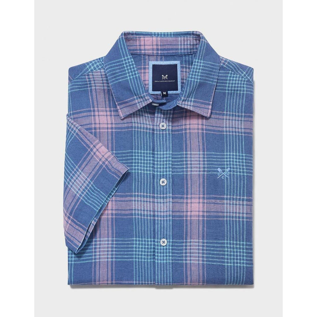 Crew Clothing Short Sleeve Linen Check Shirt - Blue Pink - Beales department store