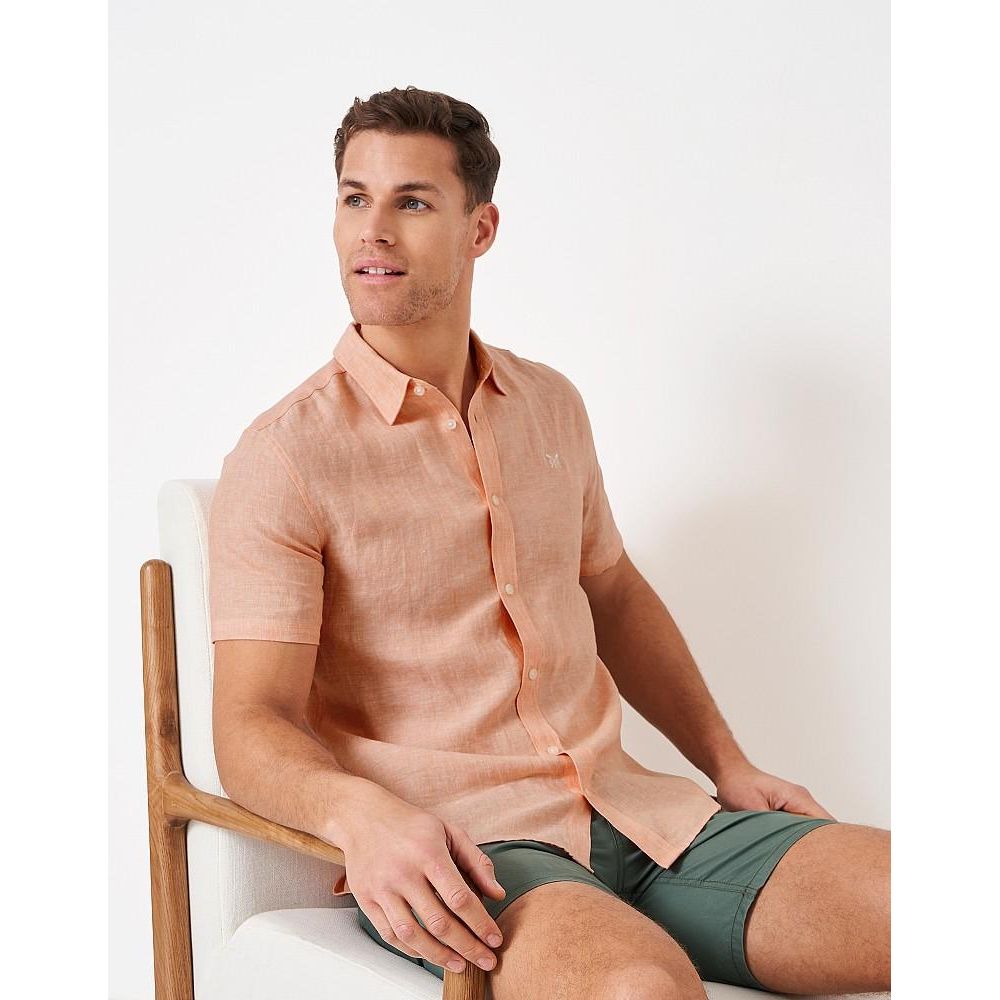 Crew Clothing Short Sleeve Linen Shirt - Coral White - Beales department store
