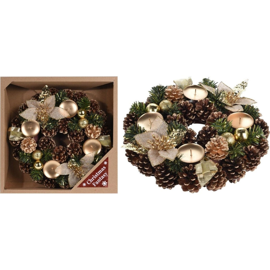Festive Wreath With Candle Holders - Gold - Beales department store