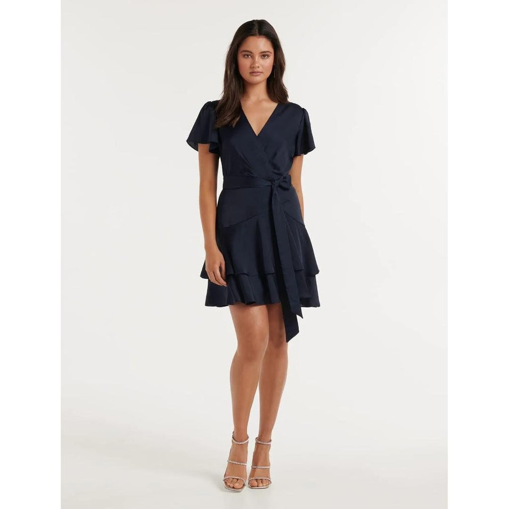 Forever New Emerson Flutter-Sleeve Satin Mini Dress - Navy - Beales department store
