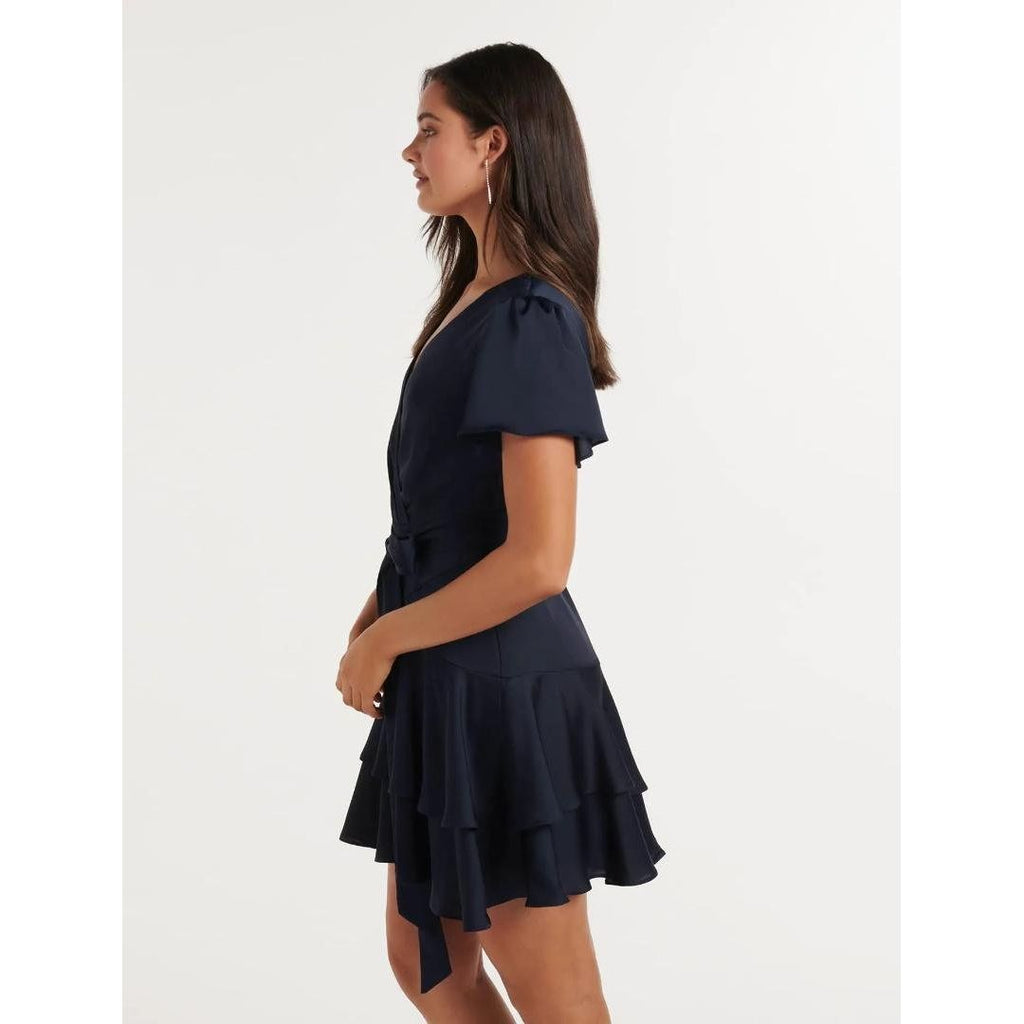 Forever New Emerson Flutter-Sleeve Satin Mini Dress - Navy - Beales department store