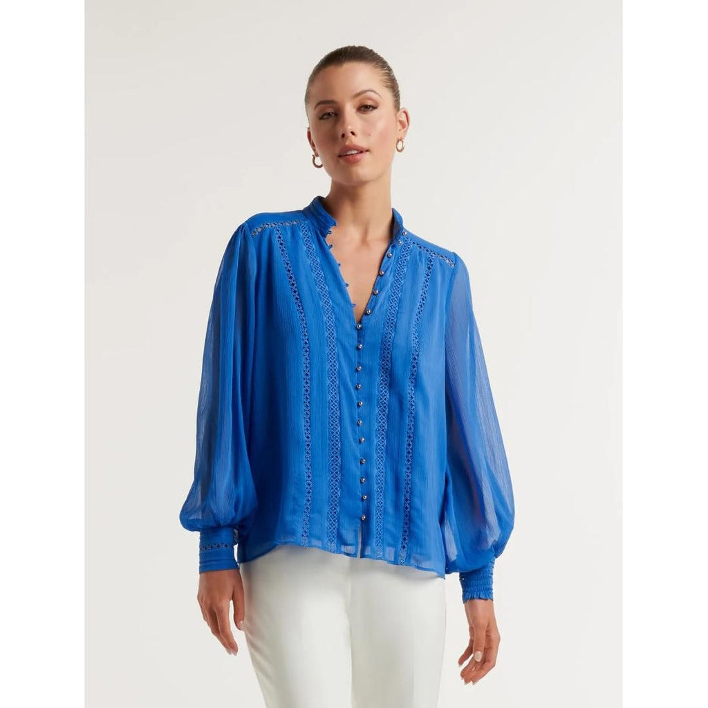 Forever New Fifi Trim Spliced Blouse - Blue Atmosphere - Beales department store