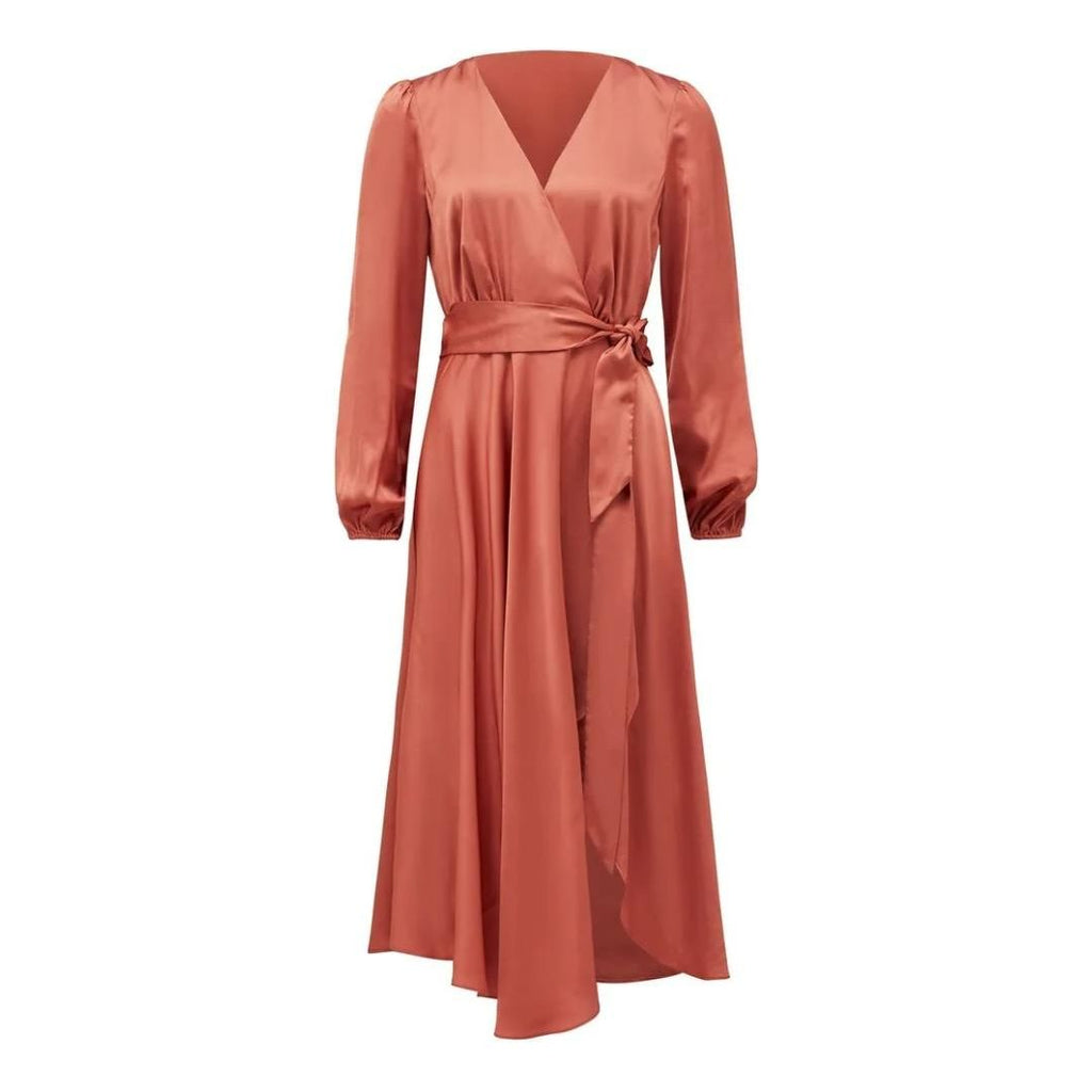 Forever New Marilyn Satin Wrap Midi Dress - Rust - Beales department store