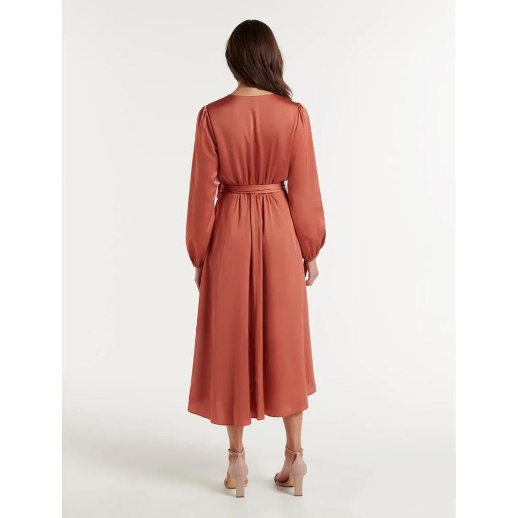 Forever New Marilyn Satin Wrap Midi Dress - Rust - Beales department store