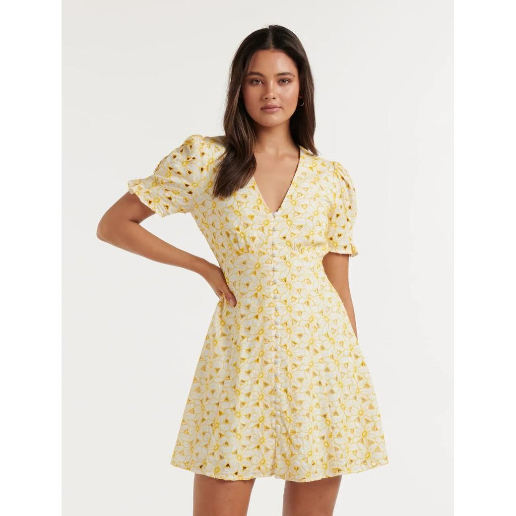 Forever New Saffron Broderie Mini Sun Dress - Porcelain/Yellow - Beales department store