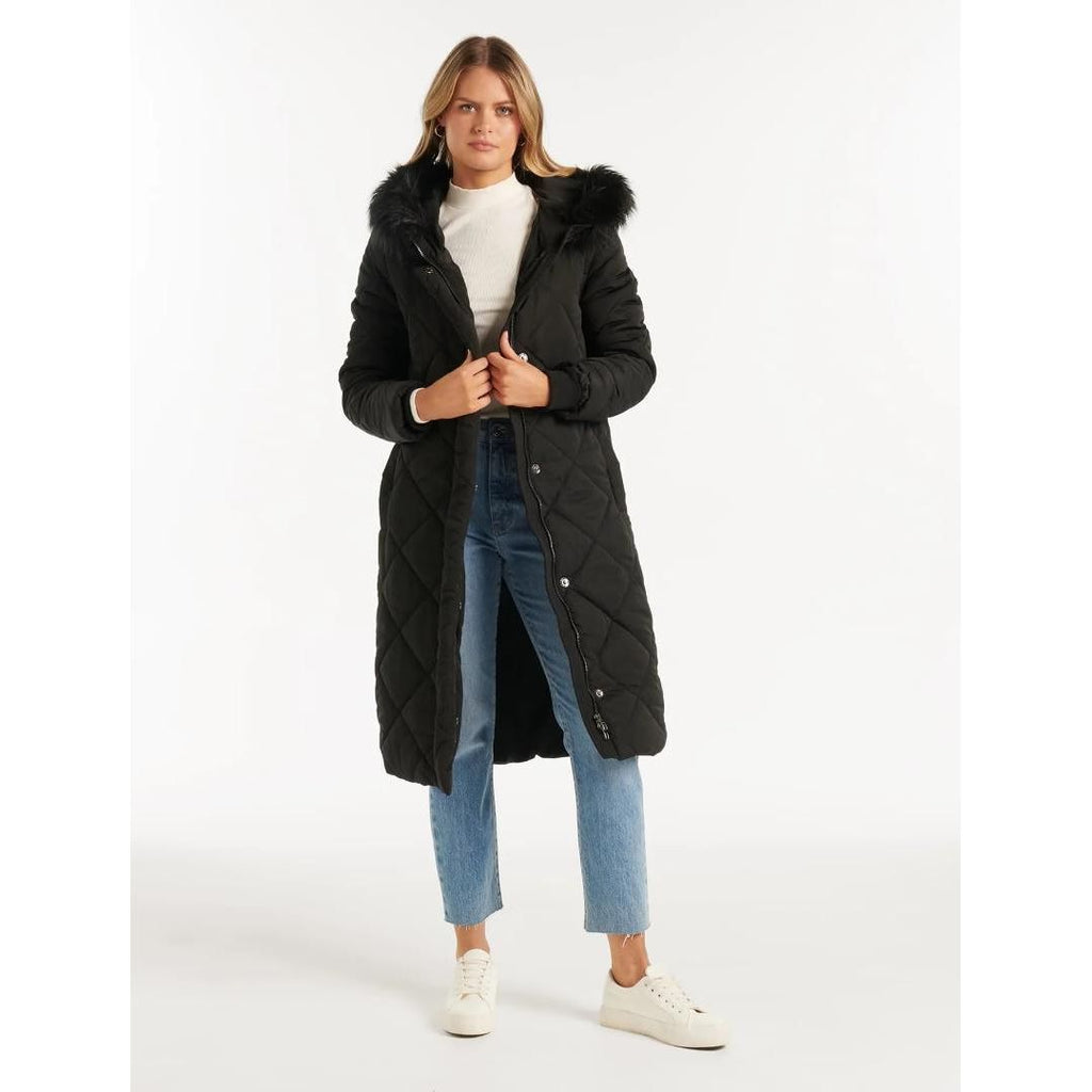 Forever New Tessa Quilted Longline Puffer Jacket - Black - Beales department store
