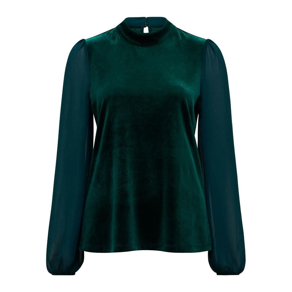 Forever New Velma Velvet Sheer-Sleeve Top - Dark Green - Beales department store