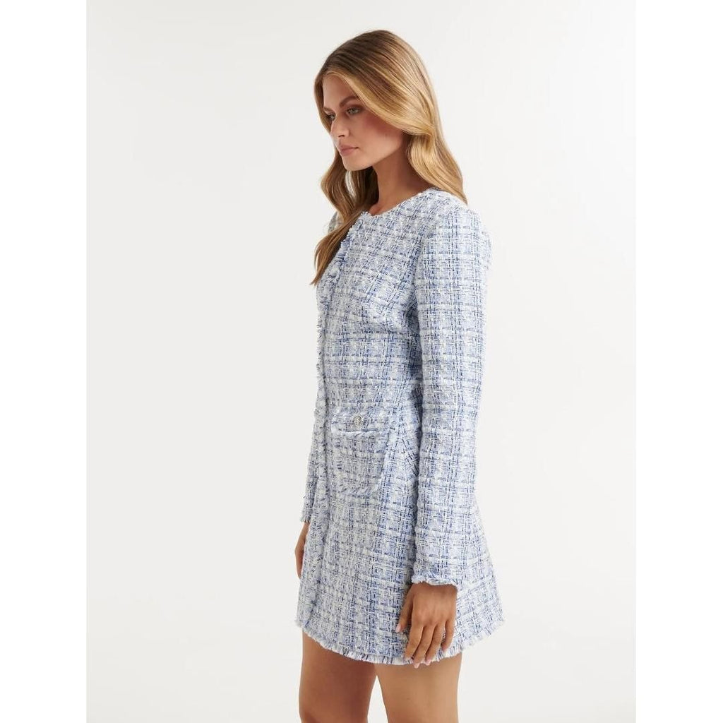 Forever New Wallis Bouclé Mini Shift Dress - Cream/Blue Check - Beales department store
