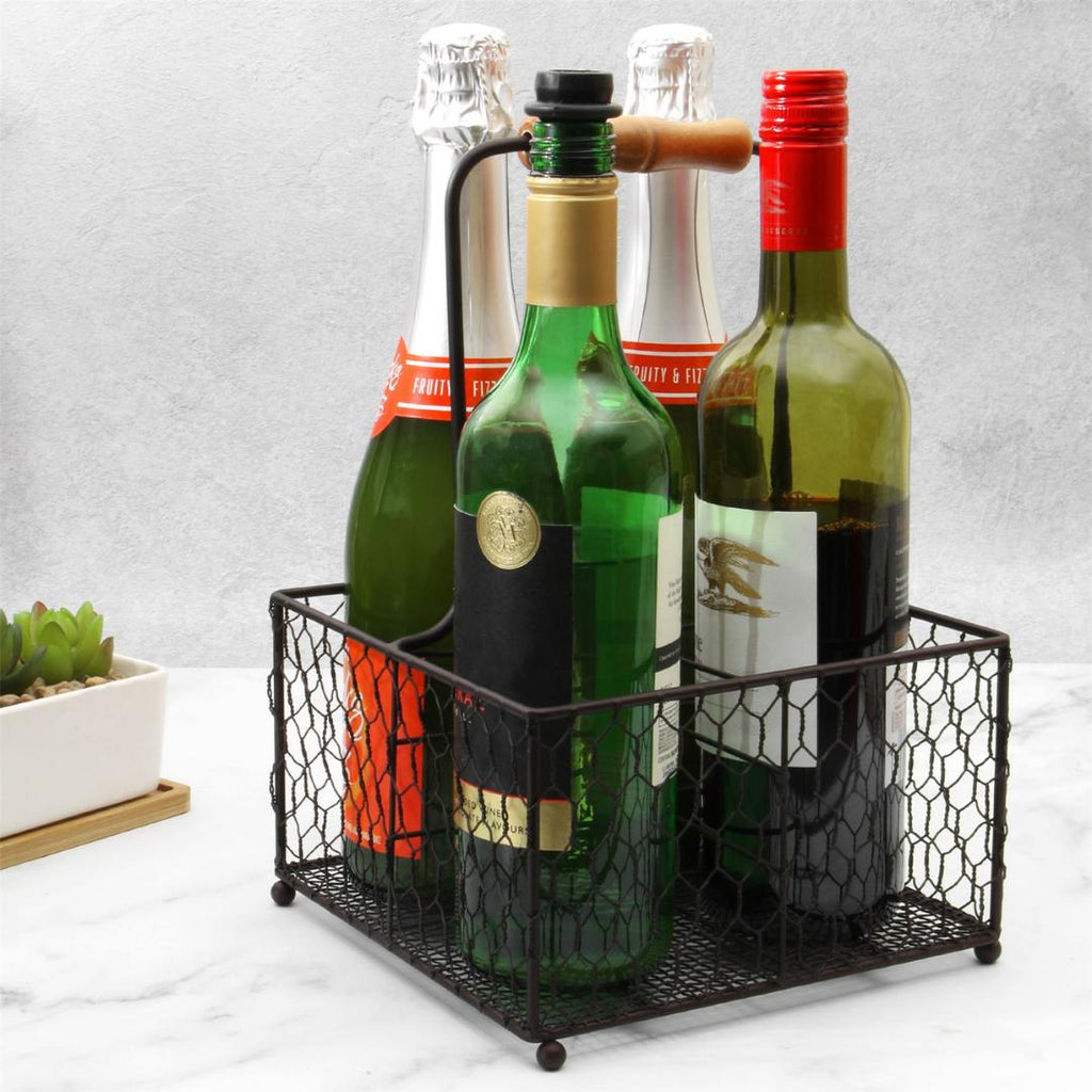 Maison & White 4 Bottle Holder with Wooden Handle - Beales department store