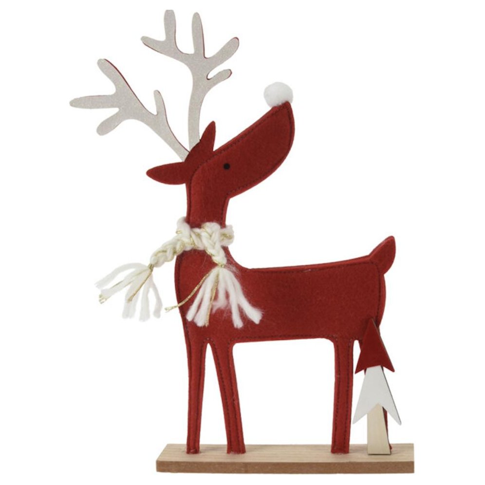Red Wooden Reindeer With Scarf Right Facing - Beales department store