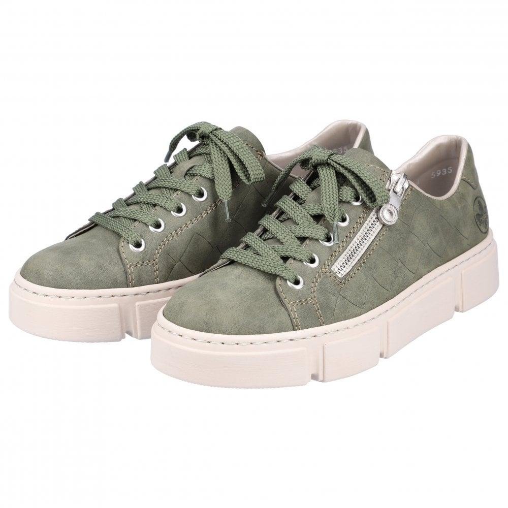 Rieker N5935-54 Ladies Columbo Lace-up Trainers - Green - Beales department store
