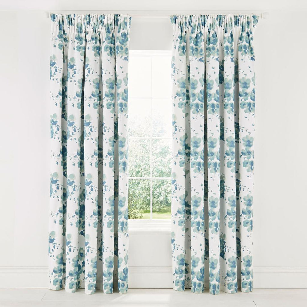 Sanderson Mandarin Flowers Lined Curtains 66" x 72" - Turquoise - Beales department store