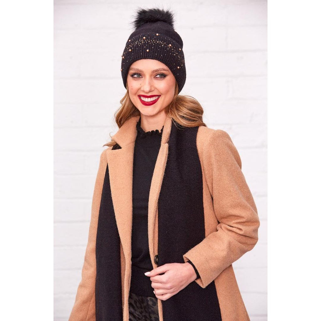 Something Special Gifts Gold Diamante & Pearl Hat & Scarf Set - Black - Beales department store