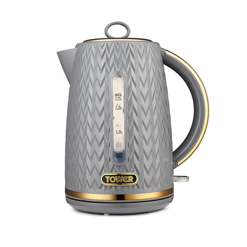 T10052GRY Tower Empire 3KW 1.7L Kettle Grey With Brass Accents - Beales department store