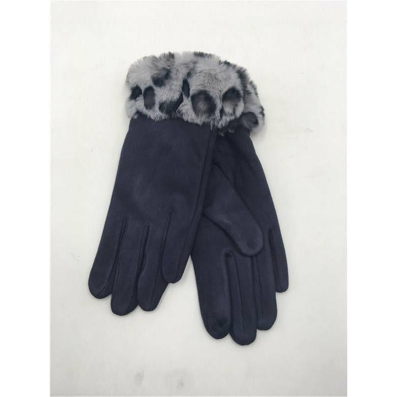 The Posh Store Faux Fur Collar Gloves - Navy Leopard - Beales department store