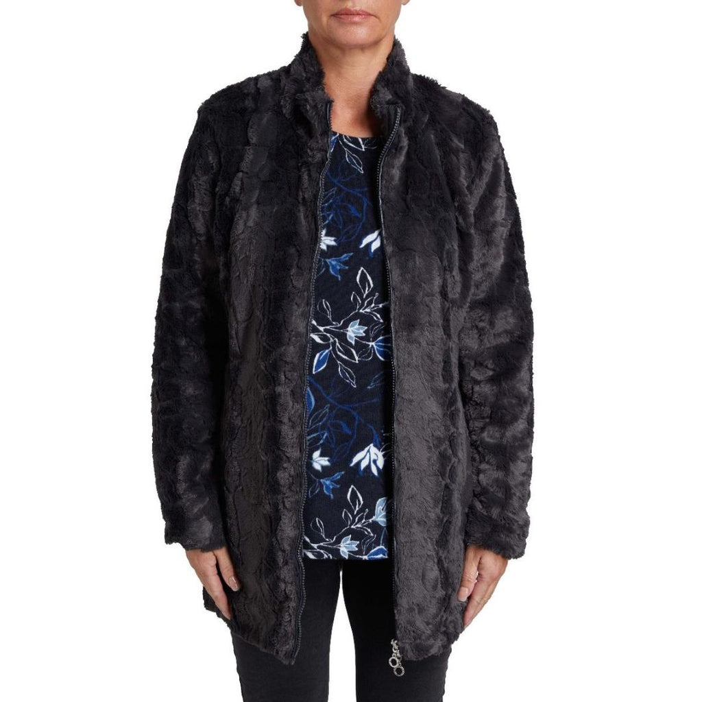 VIZ-A-VIZ Long Charcoal Faux Fur Coat - Beales department store